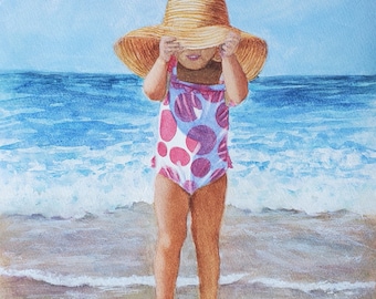 Beach Girl in Polka Dots Watercolor Painting, Coastal Wall Art, Girl's Bedroom Décor