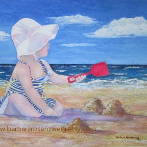 Toddler Girl Child Playing on the Beach Watercolor Painting, Summer Beach Kid Decor, Beach Child Coastal Decor Wall Art Mom Gift