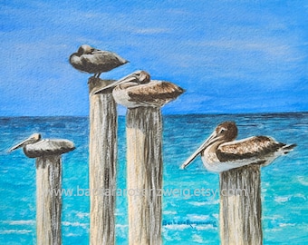 Pelicans on Posts Coastal Watercolor Painting, Beach Print of Original Art
