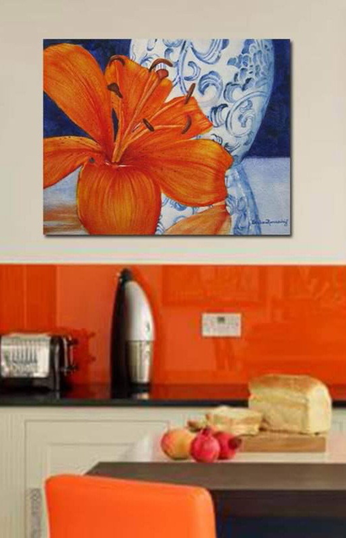 Kitchen Home Décor Blue Ming Vase & Orange Lily Flower Print Etsy