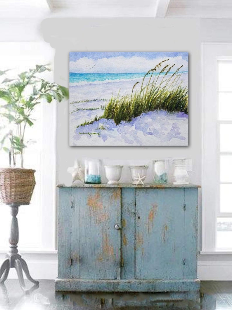 Peaceful Beach Sand Dunes and Sea Oats Watercolor Painting, Coastal Home Décor Wall Art image 2