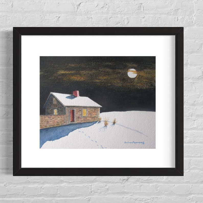 Winter Farmhouse Original Watercolor Painting, Moonlight Art Wall Decor image 2