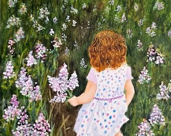 Flower Girl Original Watercolor Painting, Child Room Wall Decor