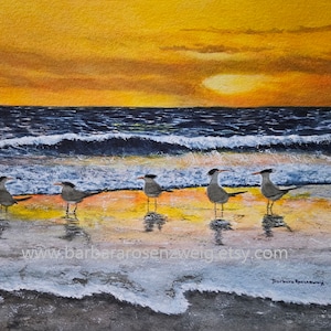 Sunset with Royal Terns Beach Watercolor Painting, Peaceful Coastal Canvas Art