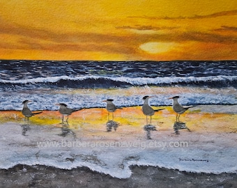 Sunset with Royal Terns Beach Watercolor Painting, Peaceful Coastal Canvas Art