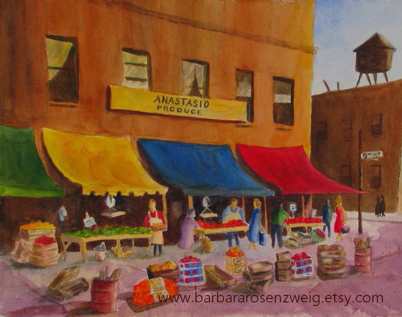 South Philly Italian Farmers Market Art Print Painting, Philly Print of Original Watercolor, Canvas Print, Philly Art, Bananas Produce Fruit image 1