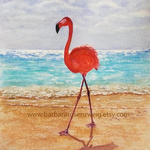 Coastal Flamingo Watercolor Wall Art Print, Beach Décor Painting, Beach Bird Watercolor Painting, Flamingo Bedroom Decor