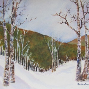 Birch Trees in Winter Watercolor Painting, Snow Art Print, Rustic Home Décor Nature Gift image 1