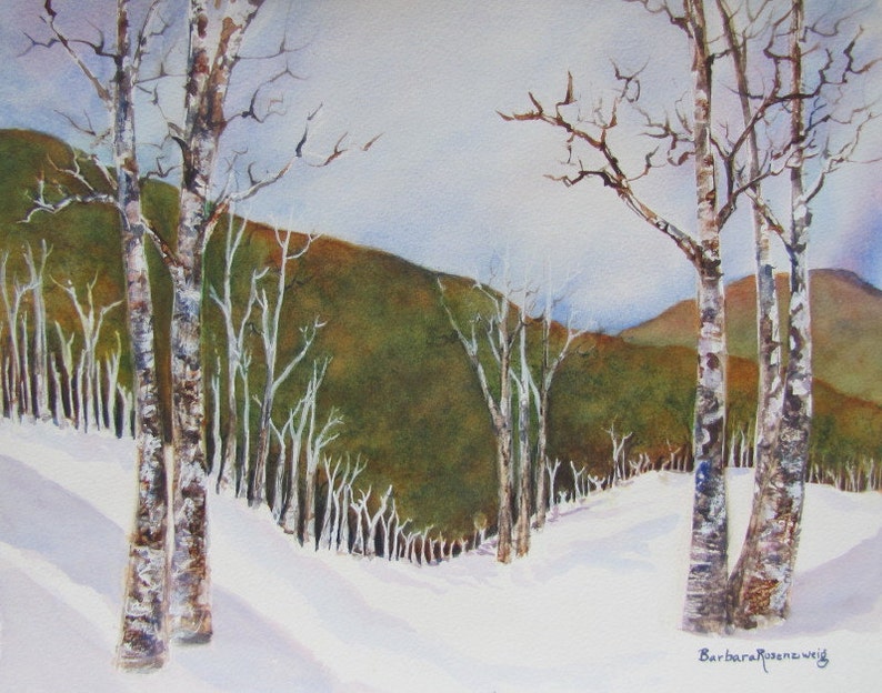 Birch Trees in Winter Watercolor Painting, Snow Art Print, Rustic Home Décor Nature Gift image 1