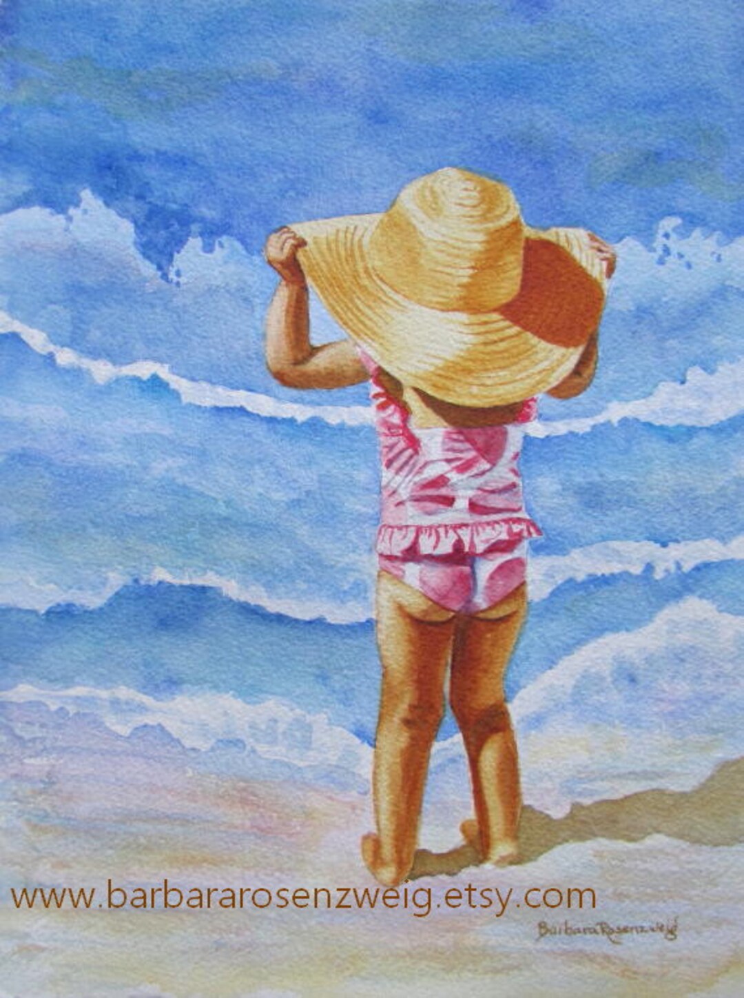 Beach Girl at Water's Edge Art Print of Original Watercolor Painting