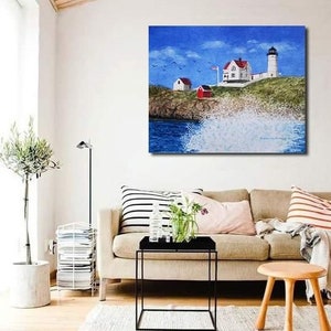 Nubble Lighthouse Maine Watercolor Painting, Coastal Wall Art Décor image 2