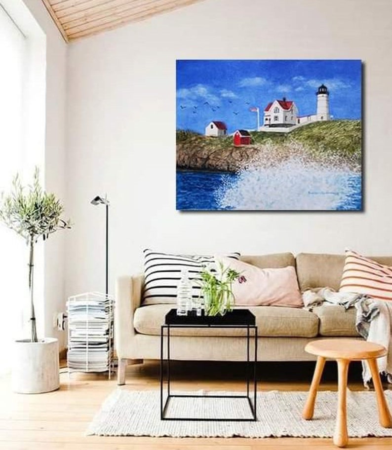 Nubble Lighthouse Maine Watercolor Painting, Coastal Wall Art Décor image 2