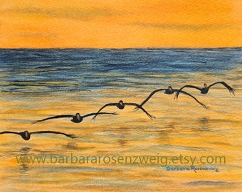 Sunset Pelicans Flying Low over the Water Watercolor Painting, Coastal Home Décor
