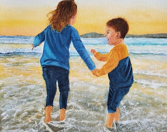 Beach Big Sister & Brother Watercolor Painting, Coastal Art Print, Children Playing at the Beach