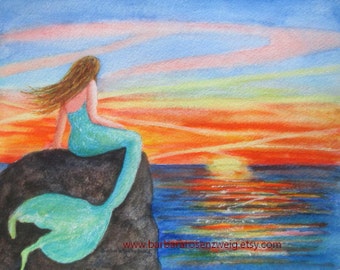 Peaceful Mermaid at Sunset Watercolor Painting, Beach Décor Wall Art