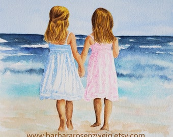 Beach Twin Sisters Watercolor, Coastal Art Print, Girls Room Décor