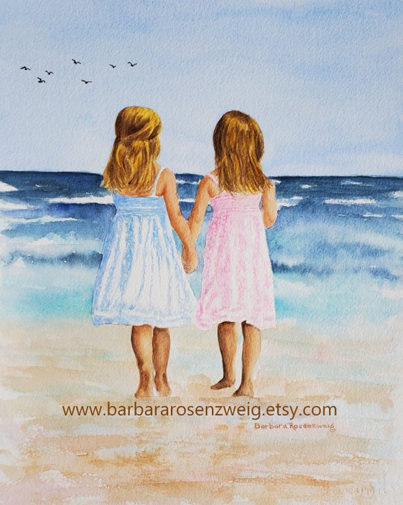 Beach Twin Sisters Watercolor Coastal Art Print Girls Room - Etsy 日本