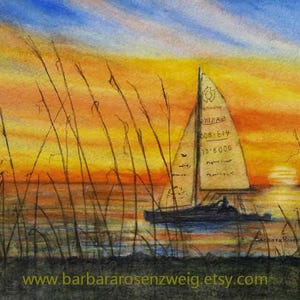 Sunset Sailboat and Sea Oats Nautical Watercolor Painting, Peaceful Coastal Décor, Beach Wall Art, Seascape