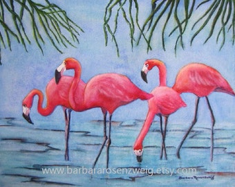 Flamingo Watercolor Painting, Beach Wall Art Coastal Décor