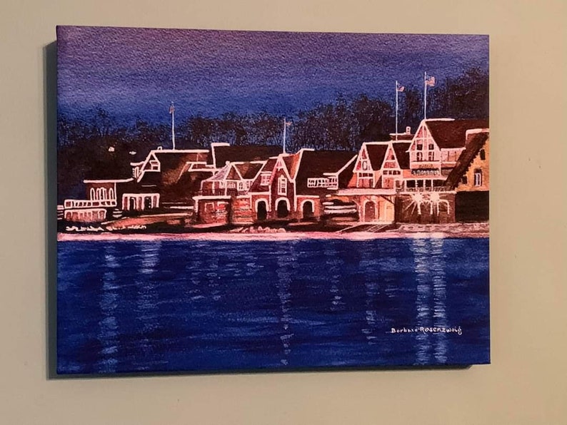 Philadelphia Boathouse Row Night Time Watercolor Painting, Schuylkill River Philly Landmark, Canvas Art Print image 2