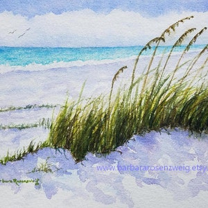 Peaceful Beach Sand Dunes and Sea Oats Watercolor Painting, Coastal Home Décor Wall Art image 1