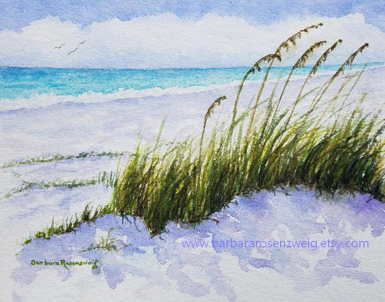 Peaceful Beach Sand Dunes and Sea Oats Watercolor Painting, Coastal Home Décor Wall Art image 1