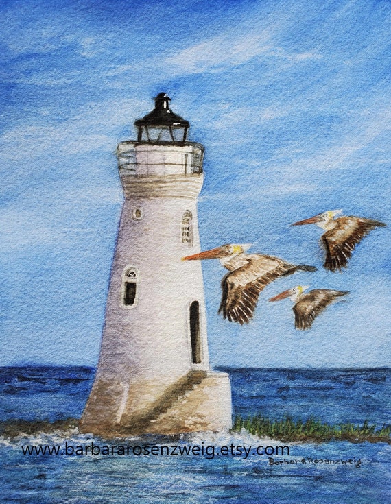 Lighthouse Watercolor Painting Art Print, Pelican Art, Lighthouse Art,  Canvas Wall Art, Coastal Decor, Lighthouse Decor, Nautical Print 