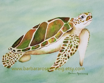 Hawksbill Sea Turtle Watercolor Art Print: Coastal Beach Decor