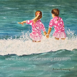 Girls Sisters Twins Friends Playing in the Waves Watercolor Painting, Summer Beach Kid Decor, Beach Child Decor Wall Art Mom Gift