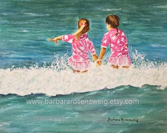 Sisters Beach Watercolor Painting: Summer Kid Wall Art