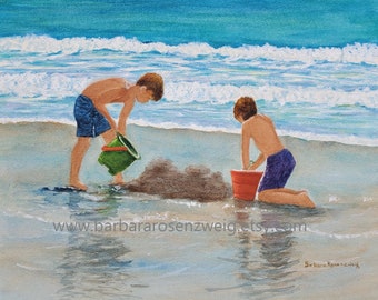 Beach Boys Two Watercolor Painting, Coastal Art Print