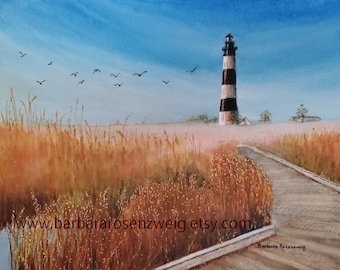 Bodie Island Lighthouse Watercolor Painting, Outer Banks Art