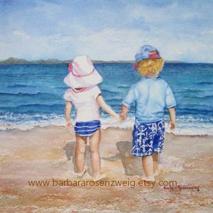 Pintura de playa para niña y niño, impresión artística en acuarela para hermana, hermano y gemelos, regalo para hija e hijo, decoración de pared costera para habitación infantil, regalo para madre.