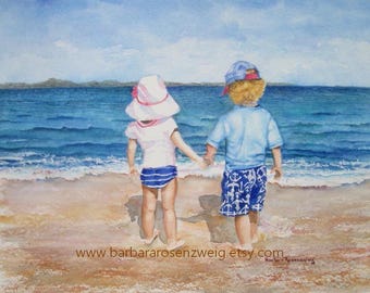 Beach Girl and Boy Watercolor Art Print: Coastal Nursery Decor