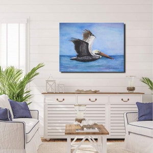 Flying Pelican Watercolor Painting, Coastal Home Décor Wall Art image 2