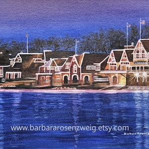 Philadelphia Boathouse Row Night Time Watercolor Painting, Schuylkill River Philly Landmark, Canvas Art Print image 1