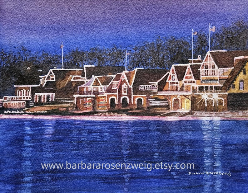 Philadelphia Boathouse Row Night Time Watercolor Painting, Schuylkill River Philly Landmark, Canvas Art Print image 1