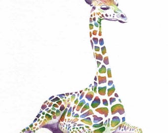 Rainbow Giraffe Watercolor Art Print: Nursery Wall Decor