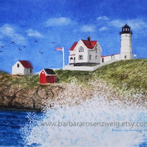 Nubble Lighthouse Maine Watercolor Painting, Coastal Wall Art Décor image 1