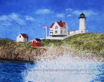 Nubble Lighthouse Maine Watercolor Painting, Coastal Wall Art Décor