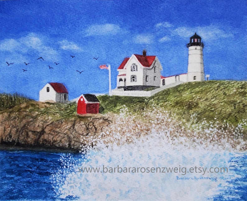 Nubble Lighthouse Maine Watercolor Painting, Coastal Wall Art Décor image 1