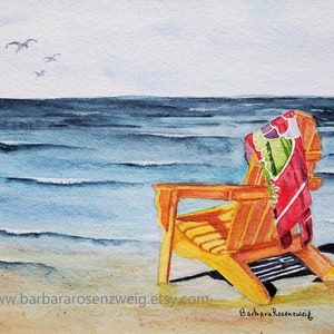 Beach Chair Wall Art Print, Coastal Home Décor Watercolor Painting image 1