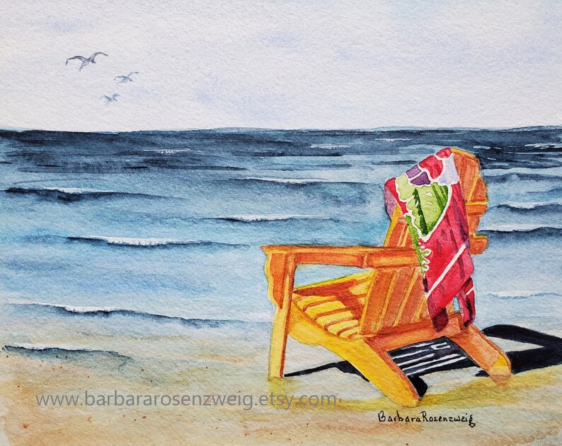 Beach Chair Wall Art Print, Coastal Home Décor Watercolor Painting image 1