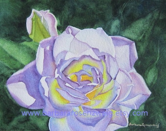 White Purple Rose Original Watercolor Painting, Flower Lover Gift