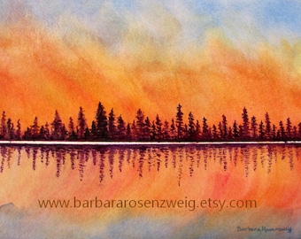 Sunset Original Watercolor Painting, Sunset Pine Tree Wall Art, Beach Décor, Colorful Coastal Abstract Art, Orange Sunset Landscape Painting