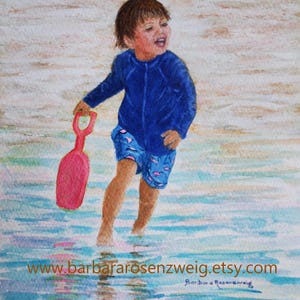 Beach Boy Watercolor Painting, toddler beach scene print, custom child beach painting, Kids beach print, Boy at beach wall art, ocean scene