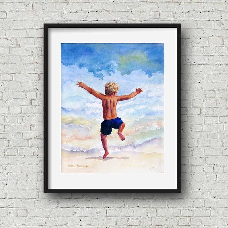 Beach Boy Running in the Surf Art Print of Original Watercolor Painting, Boys Room Wall Art image 7