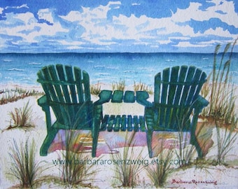 Beach View Watercolor Painting: Green Adirondack Chairs Coastal Art Print