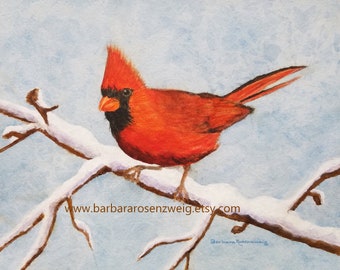 Cardinal in Winter Snow Watercolor Painting, Christmas Décor Wall Art Print