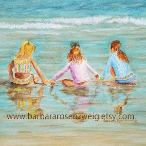 Beach Friends Watercolor Painting, Sisters at Seashore, Coastal Wall Art, Summer Beach Decor, Gift for Best Friends or Sisters, Child Room